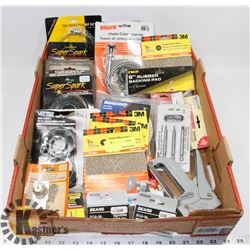 FLAT OF HOME REPAIR  ITEMS, HOSE CLAMPS, SANDING