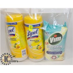 BAG OF LYSOL WIPES AND VIM POWER & SHINE