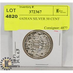 1951 CANADIAN SILVER 50 CENT COIN.