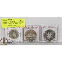 LOT OF 3 CANADIAN COINS, 1967 SILVER HALF DOLLAR,