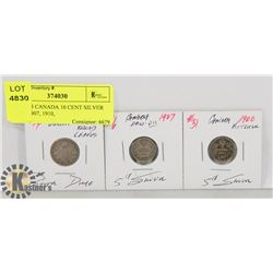 LOT OF 3 CANADA 10 CENT SILVER COINS 1907, 1910,