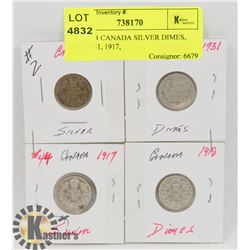 LOT OF 4 CANADA SILVER DIMES, 1907, 1931, 1917,