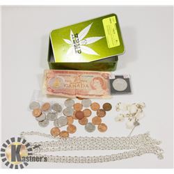 HEMP TIN BOX FULL OF CANADIAN COINS AND JEWELRY