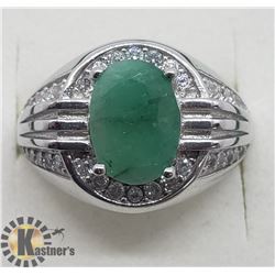 SILVER EMERALD CUBIC ZIRCONIA MEN'S RING