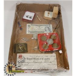 FLAT OF ASSORTED INCLUDING CURRENCY, JEWELLERY