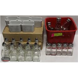 CRATE OF COUNTERTOP SHAKERS, SUGAR CADDIES,
