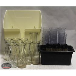 BOX W/ 8OZ CAMBRO TUMBLERS & GLASS WINE CARAFES