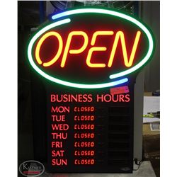 NEON OPEN SIGN WITH BUSINESS HOURS