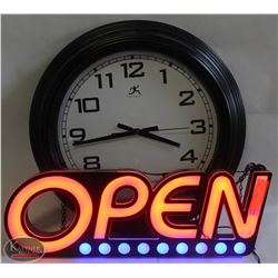 NEON OPEN SIGN SOLD WITH BLACK WALL CLOCK