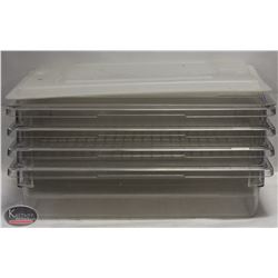 LOT OF 4 CLEAR STORAGE TOTES WITH 2 LIDS.