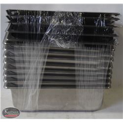 EIGHT 1/3 SIZE STAINLESS STEEL INSERTS W/ 6 LIDS