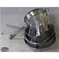 4 STAINLESS STEEL BOWLS W/ 3 STRAINERS