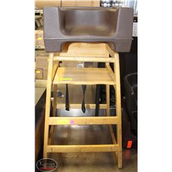 COMMERCIAL WOODEN HIGHCHAIR W/ PLASTIC BOOSTER