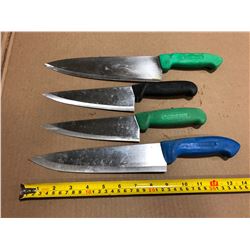 USED SHARPENED KNIVES COLOR HANDLES  - LOT OF 4