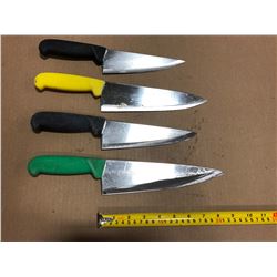 USED SHARPENED KNIVES COLOR HANDLES - LOT OF 4