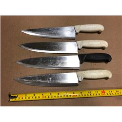 USED SHARPENED KNIVES COLOUR HANDLES - LOT OF 4