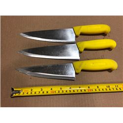 USED SHARPENED KNIVES YELLOW HANDLE  - LOT OF 3
