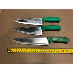 USED SHARPENED KNIVES GREEN HANDLE  - LOT OF 3