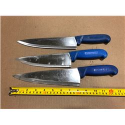 USED SHARPENED KNIVES BLUE HANDLE - LOT OF 3