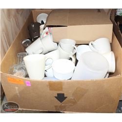 BOX OF ASSORTED GLASSWARE, KITCHEN UTENSILS, WOOD