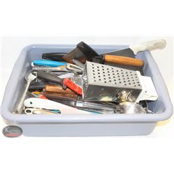 TOTE OF ASSORTED KITCHEN UTENSILS