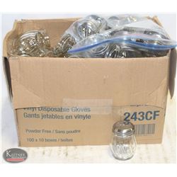 BOX OF APPROX 56 GLASS PARM/SPICE SHAKERS W/ LIDS