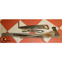 LOT OF ASSORTED, SAW BLADES, COW BELL AND AXE
