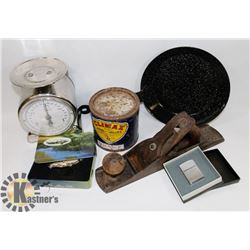 LOT OF HOUSEHOLD ASSORTED INCLUDING FRY PAN,