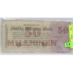 1923 GERMAN 50 MILLION MARK BANKNOTE.