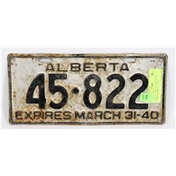 ALBERTA 1940 LICENSE PLATE EXPIRES MARCH 31, 1940