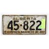 Image 1 : ALBERTA 1940 LICENSE PLATE EXPIRES MARCH 31, 1940