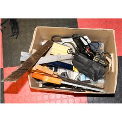 BOX OF TOOLS INCL SAWS & SOLDERING GUN.