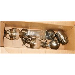 BOX OF SILVER  PLATE SERVING DISHES AND BAR
