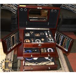 DARK WOOD JEWELLERY BOX WITH VANITY MIRROR AND