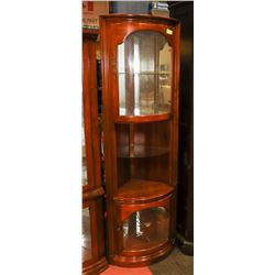 ESTATE WOOD CORNER CURIO CABINET, 17"X17"X72".