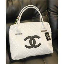 WHITE CHANEL REPLICA TOTE, BLACK LOGO