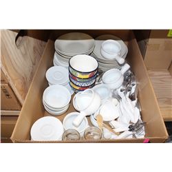 BOX OF ASSORTED SERVING DISHWARE & SILVERWARE SETS