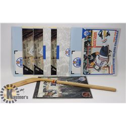 FLAT OF VINTAGE OILERS CALENDARS, PROGRAM, STICK