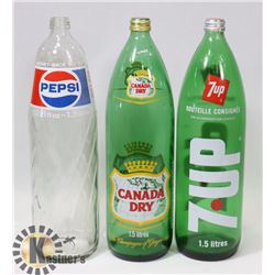 THREE  1.5LITRE BOTTLES 7-UP, PEPSI, CANADA DRY
