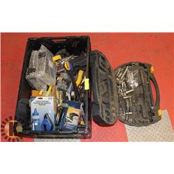 BIN OF HAND TOOLS & MORE INCLUDES PARTIAL MASTER-