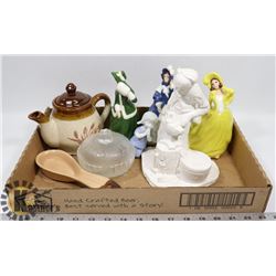 COLLECTIBLE FIGURINES, TEA KETTLE AND CANDY DISH.