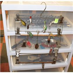 COLLECTION OF VINTAGE FISHING HOOKS WITH HOLDER.