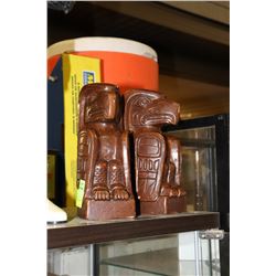 SET OF TOTEM POLE WOOD CARVED BOOKENDS