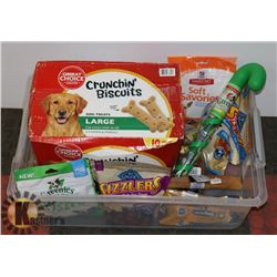 CASE OF ASSORTED DOG BISCUITS AND TREATS.