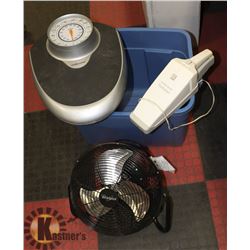 LOT OF ASSORTED BOX WITH SCALE AND LITTLE TABLE