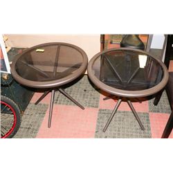 PAIR OF METAL AND GLASS PATIO END TABLES