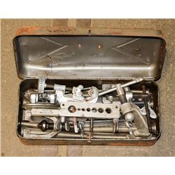 SMALL METAL BOX  OF BRAKE LINES AND TOOLS
