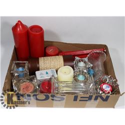 BOX OF PARTYLITE CANDLE HOLDERS AND WAX.