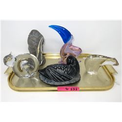 3 Glass Animals and 2 Statuettes on a Tray