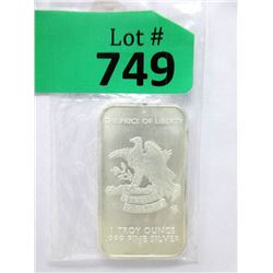 1 Troy Oz. .999 Fine Silver  Liberty  Bar